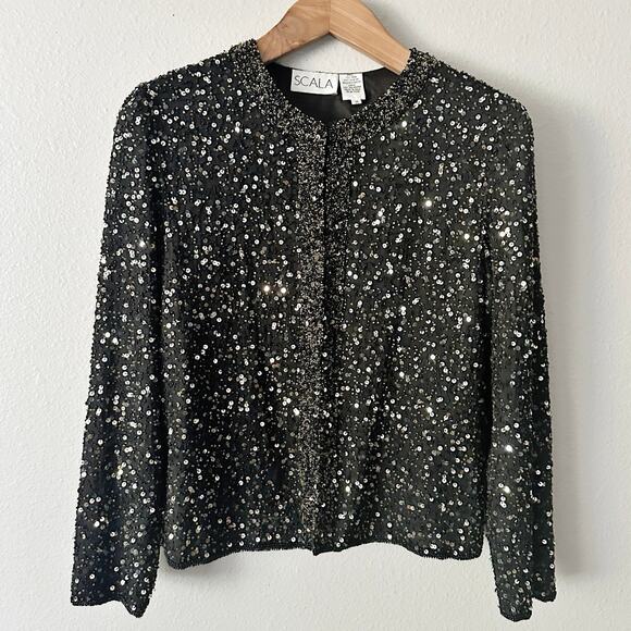 Scala Black Silk Silver & Gold Beaded Sequin Jacket women's size medium vintage - Picture 1 of 12